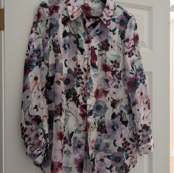 T Tahari Floral Stripe Snap Front Blouse Satin M - Picture 8 of 14